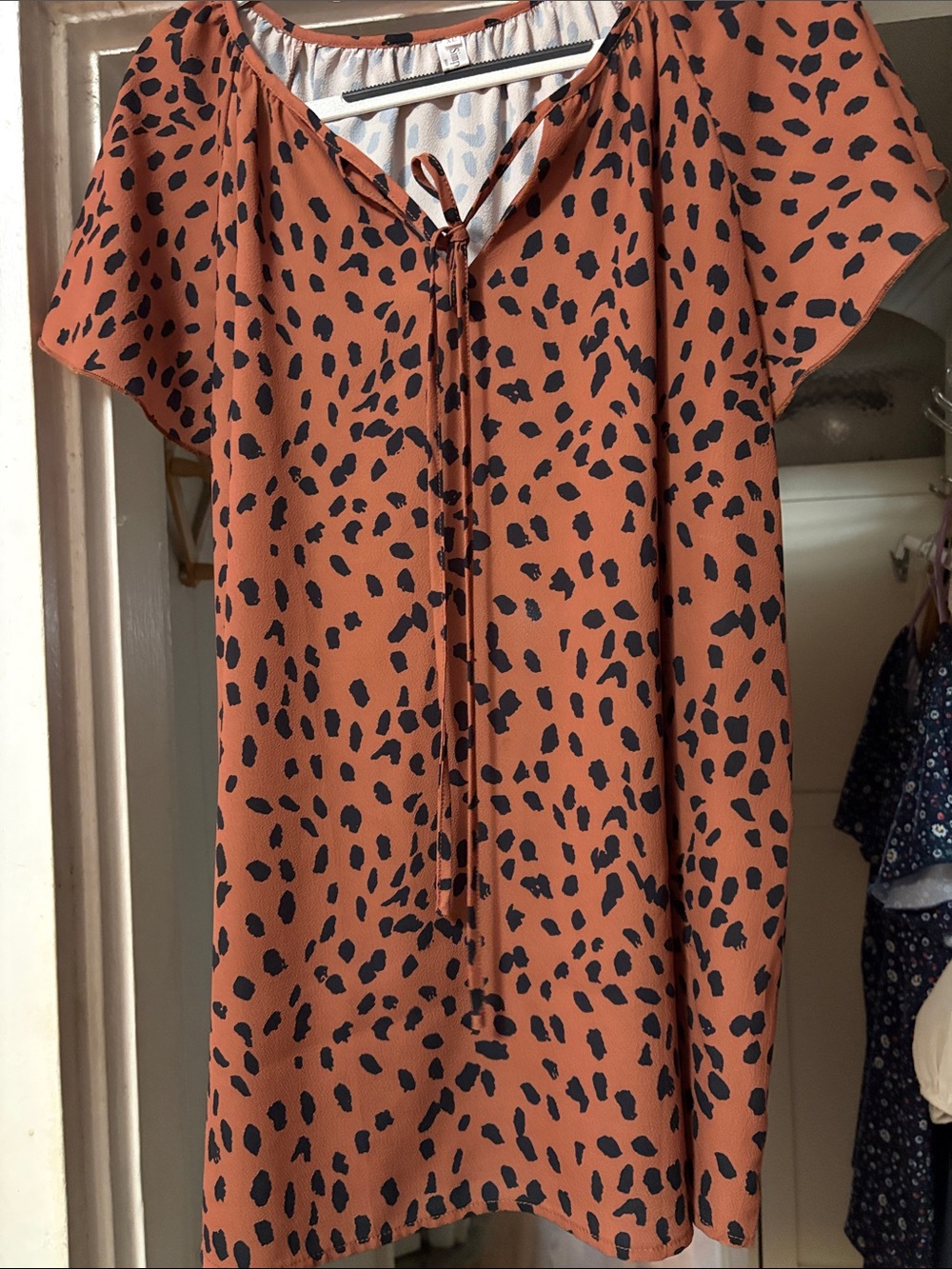 Womens Rust Spot Print Tie-Neck Blouse